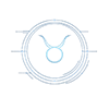 Taurus zodiac glyph in glowing blue at the center of a futuristic circular symbol design with clean geometric lines on a transparent background.
