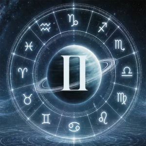 Planet Uranus within a glowing Zodiac wheel with a Gemini glyph, set in a blue cosmic space background