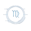 Virgo zodiac glyph in glowing blue at the center of a futuristic circular symbol design with clean geometric lines on a transparent background.