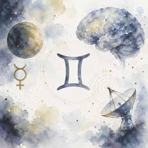 Gemini symbol with Mercury, a brain-shaped cloud, and a communication antenna among cosmic elements and stars.