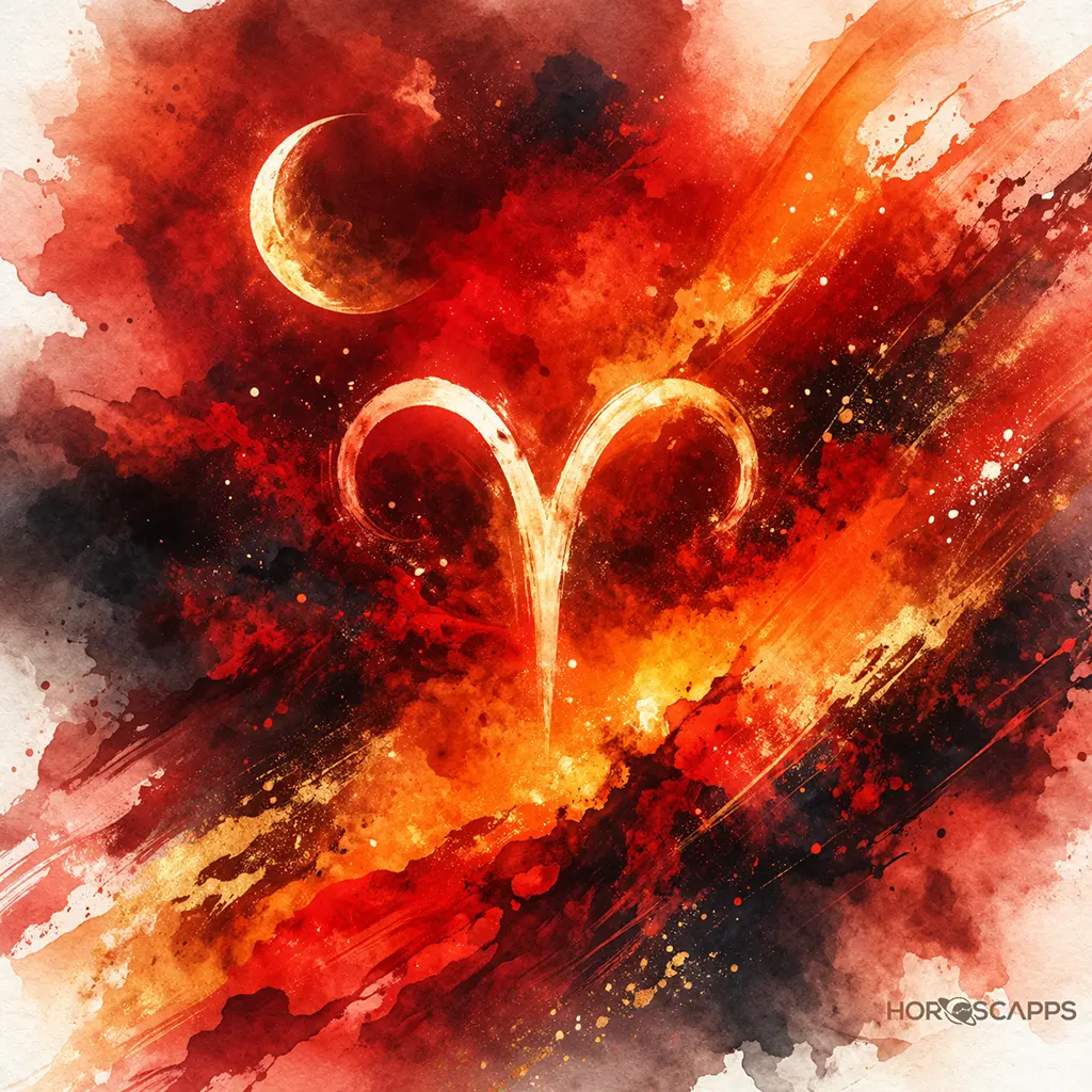 Aries symbol glowing at the center of a red and orange background with bold, dynamic brushstrokes and a crescent moon adding a sense of energy and motion