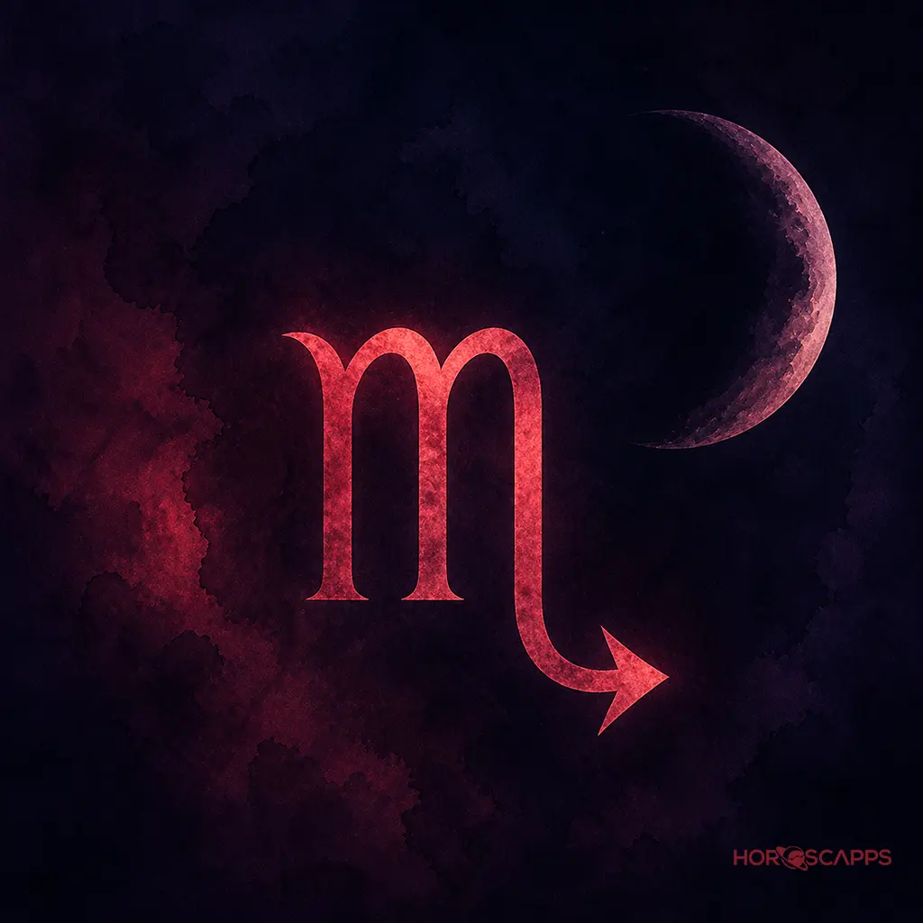 Scorpio glyph in deep muted red centered on a dark indigo and plum background, with a crescent moon in the upper right.