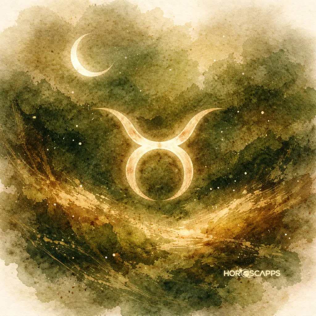 Taurus symbol centered within a layered green and earthy brown background with a crescent moon above and a calm, grounded atmosphere