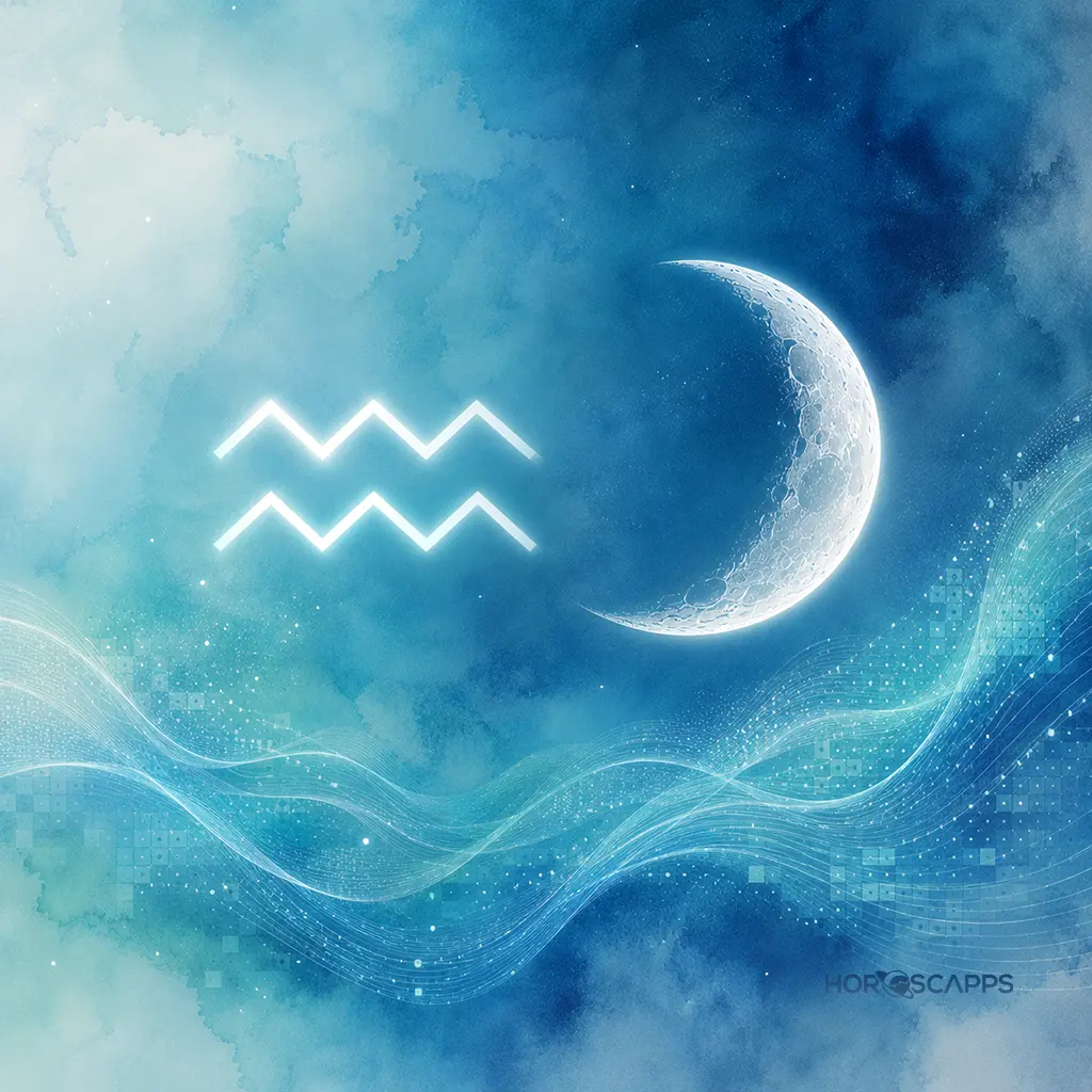 Crescent Moon beside the Aquarius glyph, surrounded by flowing wave-like digital patterns in blue and cyan tones.