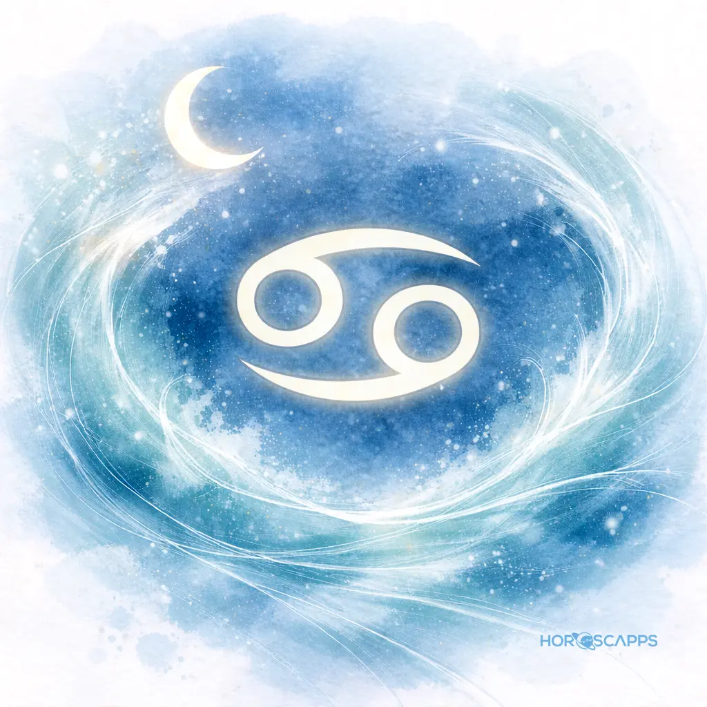 Cancer symbol on a soft blue background with a crescent moon and flowing wave patterns.
