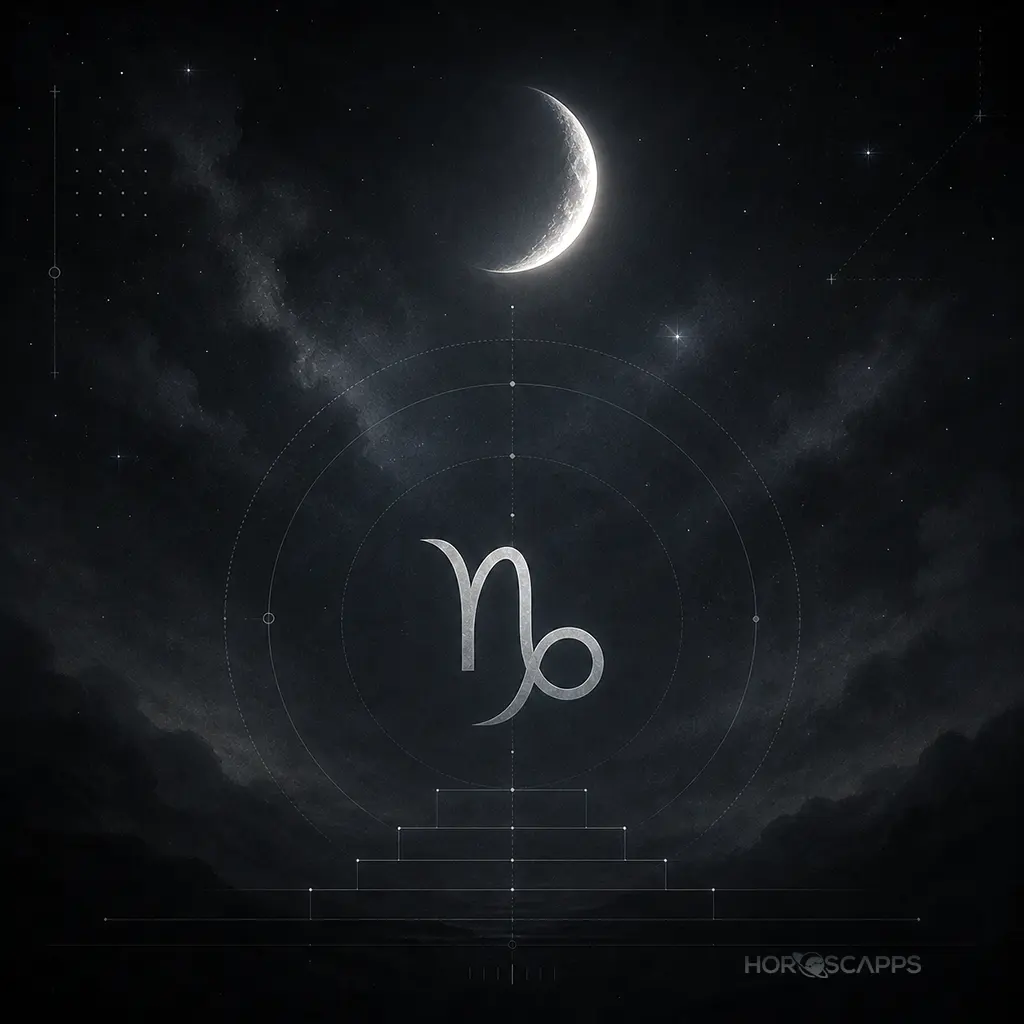 Crescent Moon above a centered Capricorn glyph, with subtle stepped lines below and a vertical guide leading upward on a dark, muted background.