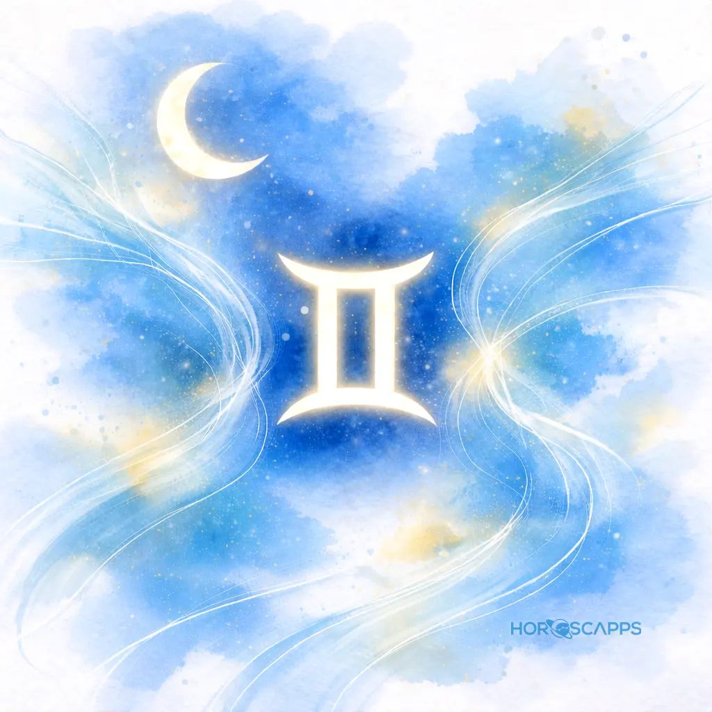 Gemini symbol glowing in soft white at the center of a light blue background with a crescent moon above and airy flowing lines creating a sense of movement and lightness
