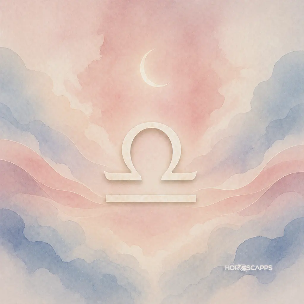 Libra symbol in soft ivory on a pastel pink and blue background with a crescent moon above and gentle cloud-like layers.
