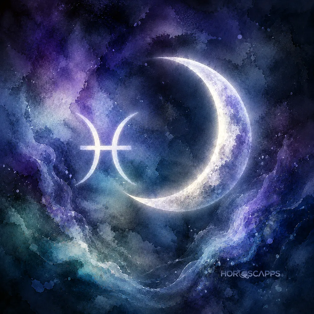 Glowing crescent Moon beside an enlarged Pisces symbol within swirling blue and violet cosmic clouds.