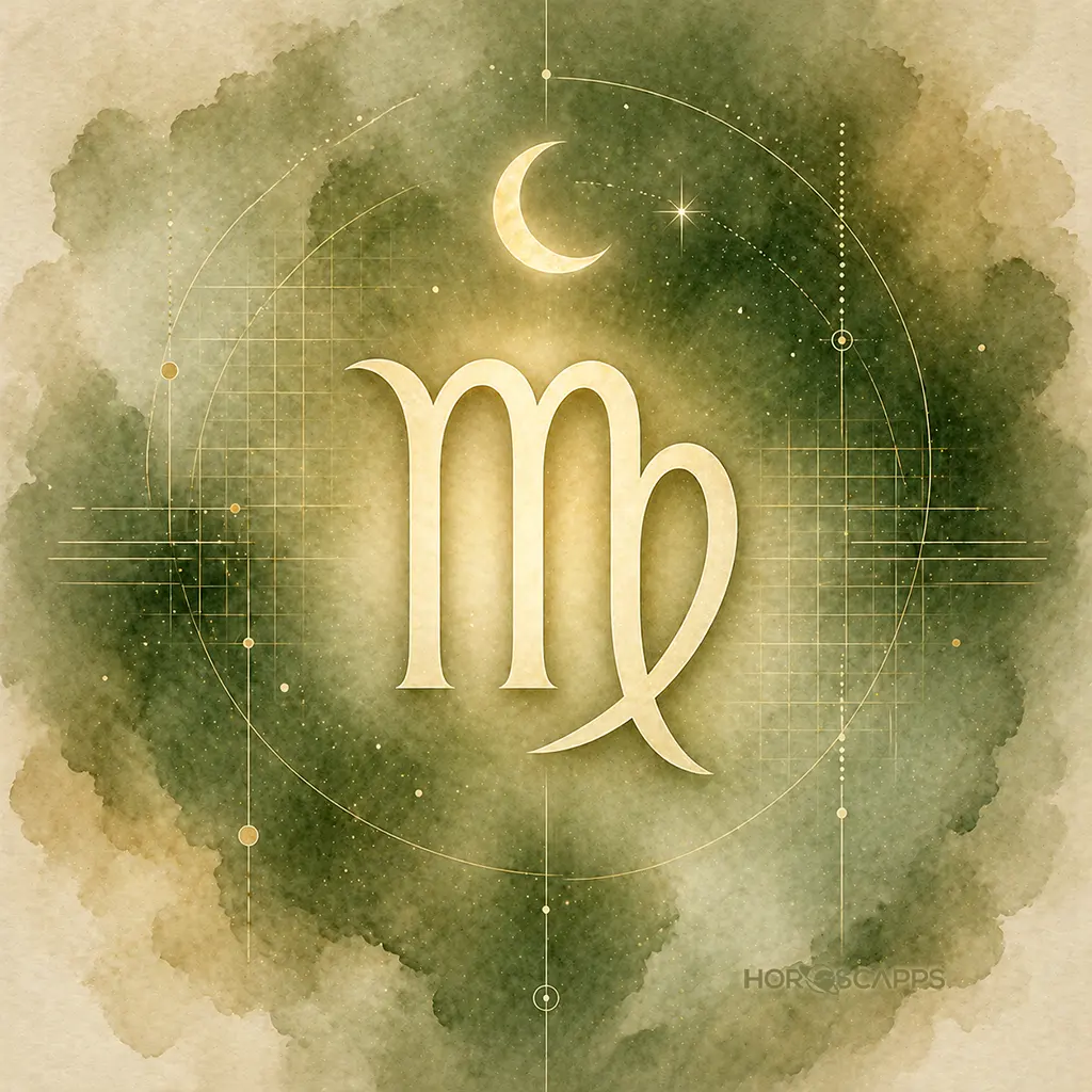 Virgo symbol in soft ivory at the center of a sage green background with a crescent moon above and subtle geometric lines.