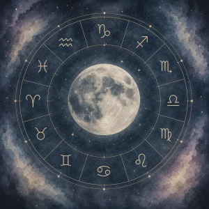 Moon at the center of a zodiac wheel, surrounded by deep blue cosmic sky.