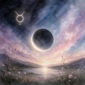 New Moon in Taurus. Soft glowing crescent Moon above a calm landscape with pink flowers and a Taurus glyph in the sky.