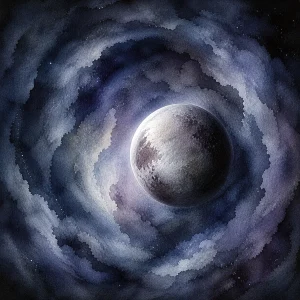 A dark planet representing Pluto, slightly off center, surrounded by soft inward swirling layers, suggesting depth and a gradual process of reflection.