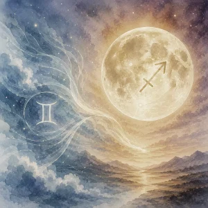 Full Moon in Sagittarius. Glowing Full Moon with a subtle Sagittarius symbol, balanced by flowing Gemini lines and symbol in a celestial sky of warm gold and cool blue tones.