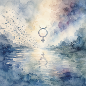 Mercury symbol reflected over calm water beneath a dreamy cosmic sky, with flowing abstract lines symbolizing thoughts, information, and intuition.