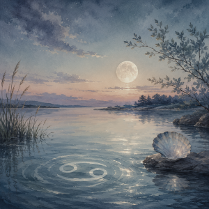 Moonlight reflecting on calm water, with a subtle Cancer symbol formed by gentle ripples near the shore.