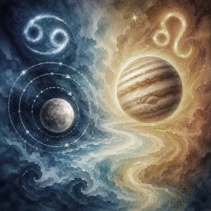Mercury in Cancer follows a retrograde path as Jupiter enters Leo, with blue and golden cosmic light flowing between the Cancer and Leo glyphs.