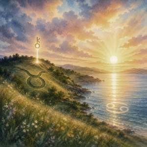 Chiron entering Taurus and the Sun entering Cancer, with calm waters, green hills, and symbolic celestial imagery.