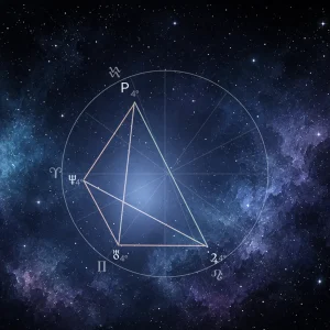 Astrological diagram showing Jupiter, Uranus, Neptune, and Pluto near 4° in the Fire and Air signs, connected by sextiles, trines, and an opposition to form a Cradle or Basket aspect pattern.