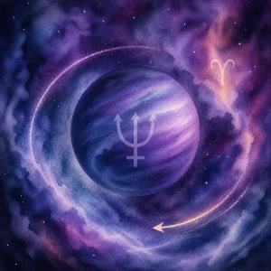 Neptune in deep blue and purple space, surrounded by swirling nebulae, a retrograde arc, and a faint Aries glyph.