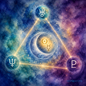 New Moon with the Sun, Mercury, and the Cancer glyph, surrounded by Uranus, Neptune, and Pluto in a glowing triangular celestial pattern.
