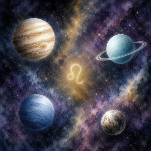 Jupiter, Uranus, Neptune, and Pluto are arranged around a softly glowing golden Leo symbol against a deep, star-filled space background with swirling purple, blue, and golden nebulae.
