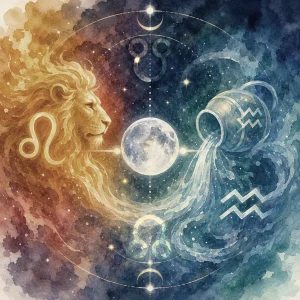 A glowing Full Moon between Leo and Aquarius symbols, with warm golden and cool blue cosmic energy flowing across a starry sky.