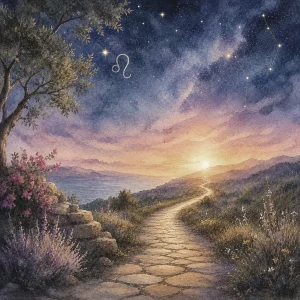 A winding stone path leads toward a glowing summer horizon beneath a star-filled sky, with the Leo symbol shining above, surrounded by distant hills, wildflowers, and the sea.