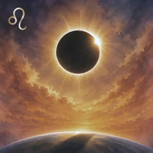 A total solar eclipse with a golden corona above Earth's curved horizon, with the Leo glyph in the upper left.