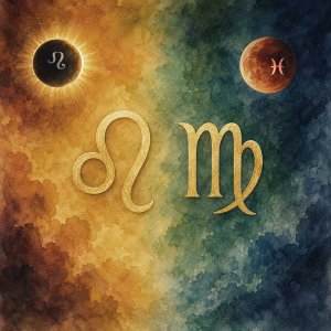 The Leo and Virgo glyphs appear against a colorful starry background, with a solar eclipse on the left and a lunar eclipse on the right.