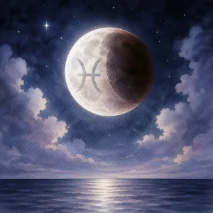 A Lunar Eclipse in Pisces above a calm sea, with the Pisces glyph on the Moon and its light reflecting on the water.