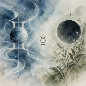 Uranus in Gemini, Mercury in Libra, and the New Moon in Virgo, surrounded by flowing celestial elements and botanical details.