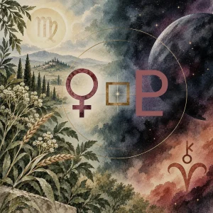 Virgo, Venus square Pluto, and Chiron in Aries symbols against a celestial landscape with plants, wheat, stars, and contrasting light and dark skies.