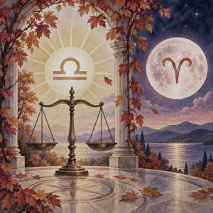 Golden Libra scales beneath the Sun, with a Full Moon in Aries, framed by autumn leaves, columns, mountains, and a lake.