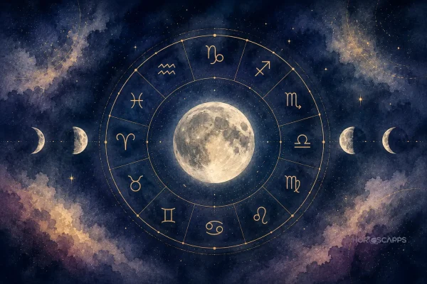Moon at the center of a zodiac wheel, surrounded by lunar phases against a deep blue cosmic sky.