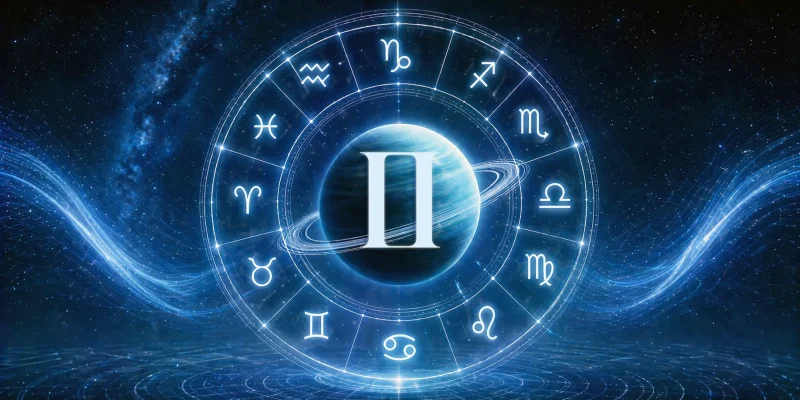 Planet Uranus centered within a glowing zodiac wheelwith a Gemini glyph, set in a blue cosmic space background